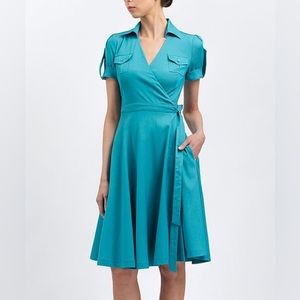 BGL Cotton Blend Short Sleeve True Wrap Midi Dress Turquoise Blue Size 4